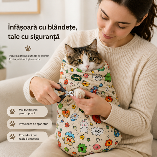 Păturică Fixare Pisică pentru Grooming — Tuns Gheare, Tratamente, Igiena — Anti-Zgârieturi 55x55cm/70x70cm