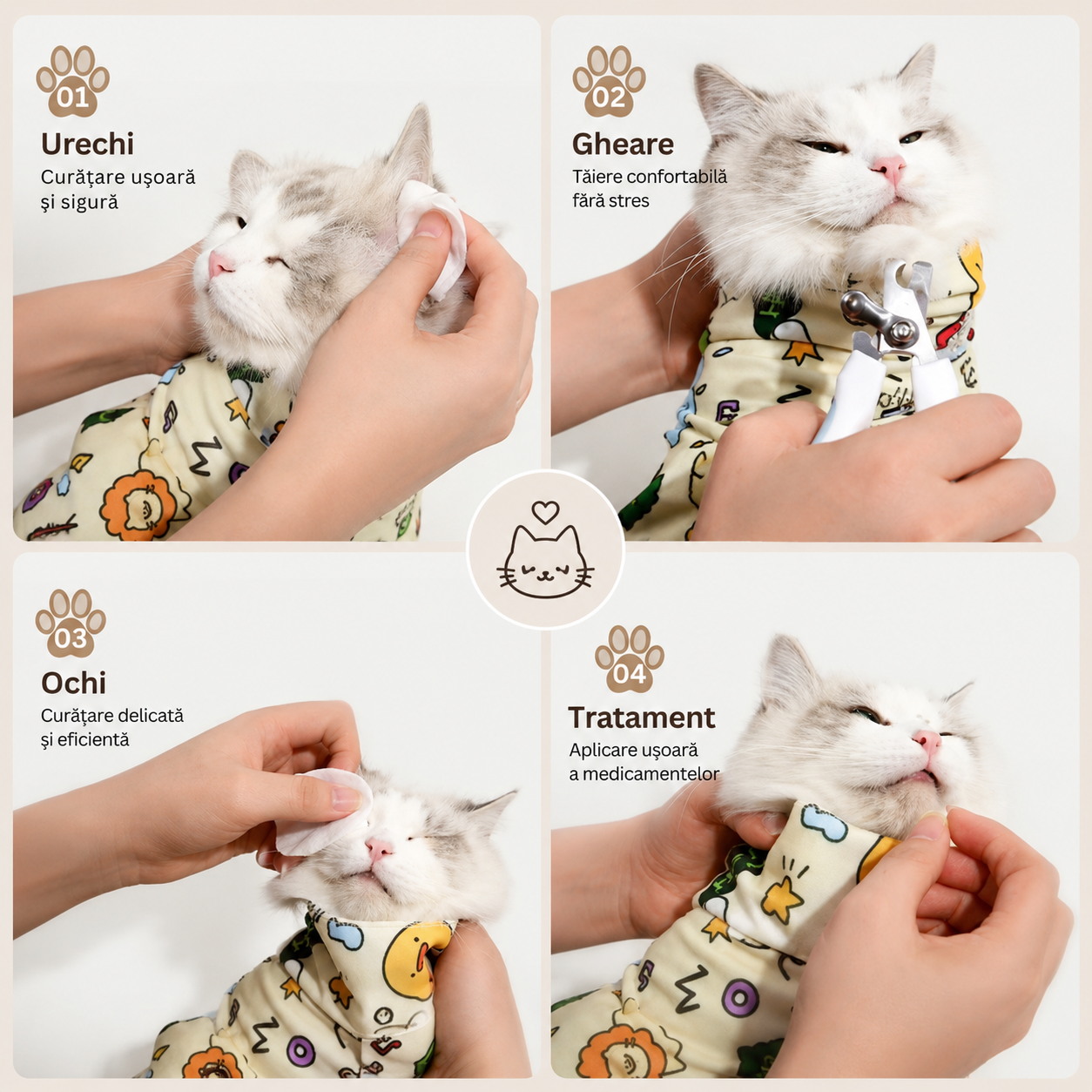 Păturică Fixare Pisică pentru Grooming — Tuns Gheare, Tratamente, Igiena — Anti-Zgârieturi 55x55cm/70x70cm